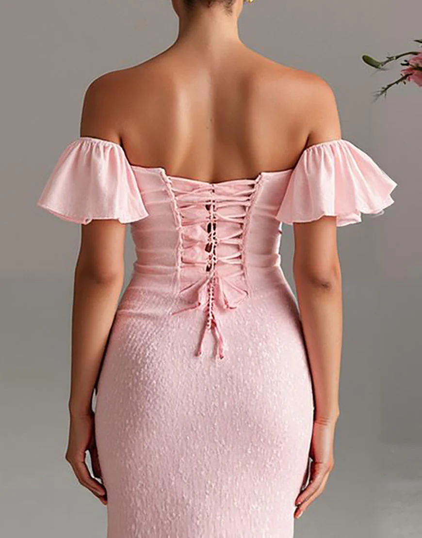 Robe de soirée en satin sirène rose clair à épaules dénudées – Image 5
