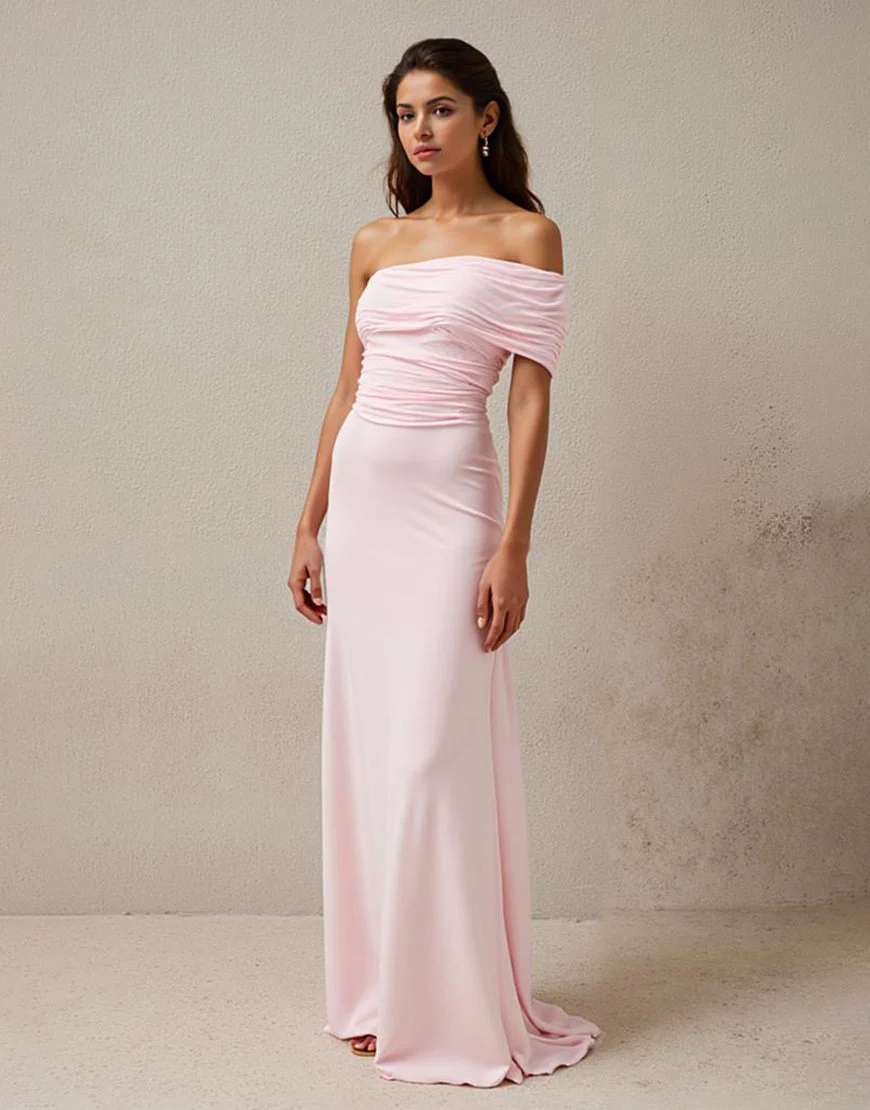 Robe de soirée longue fourreau froncé rose clair à une épaule – Image 3