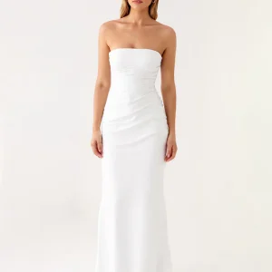 Robe de soirée bustier en satin ivoire froncée simple