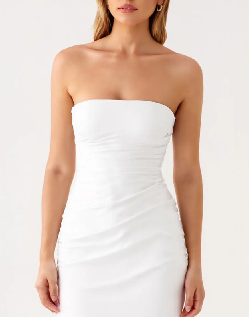 Robe de soirée bustier en satin ivoire froncée simple – Image 4