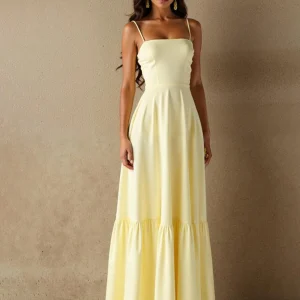 Robe de soirée à bretelles spaghetti en coton jonquille