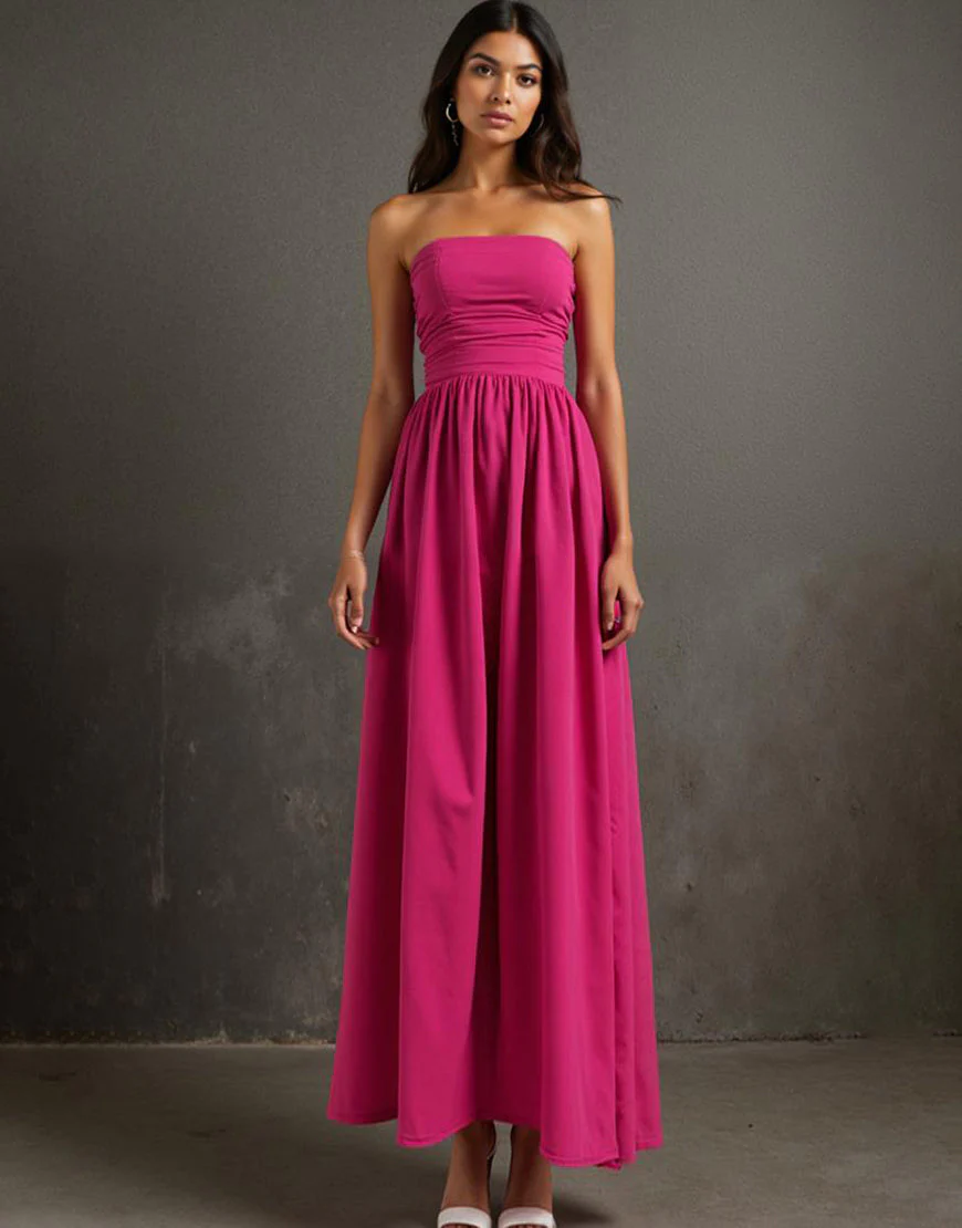 Robe de soirée bustier fuchsia A Line froncée Cottton – Image 2