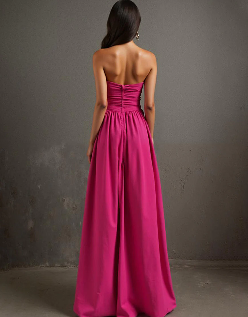 Robe de soirée bustier fuchsia A Line froncée Cottton – Image 3