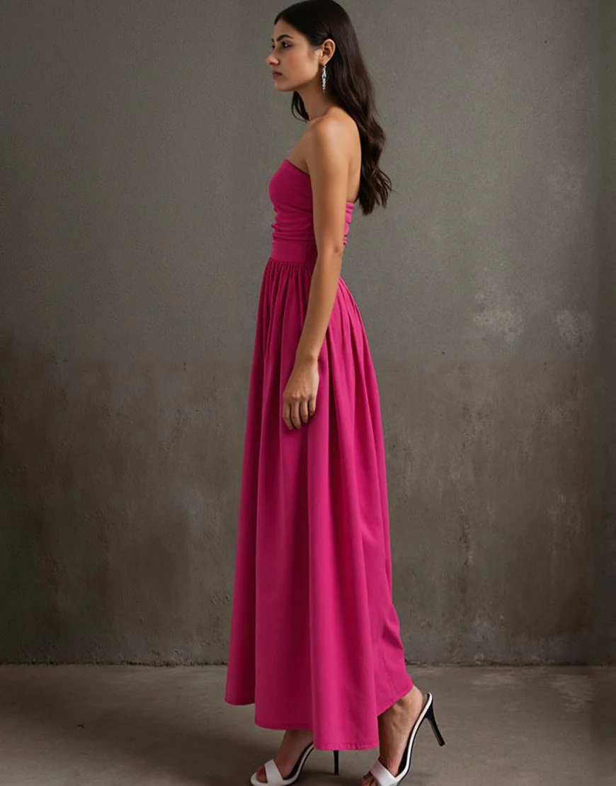 Robe de soirée bustier fuchsia A Line froncée Cottton – Image 4