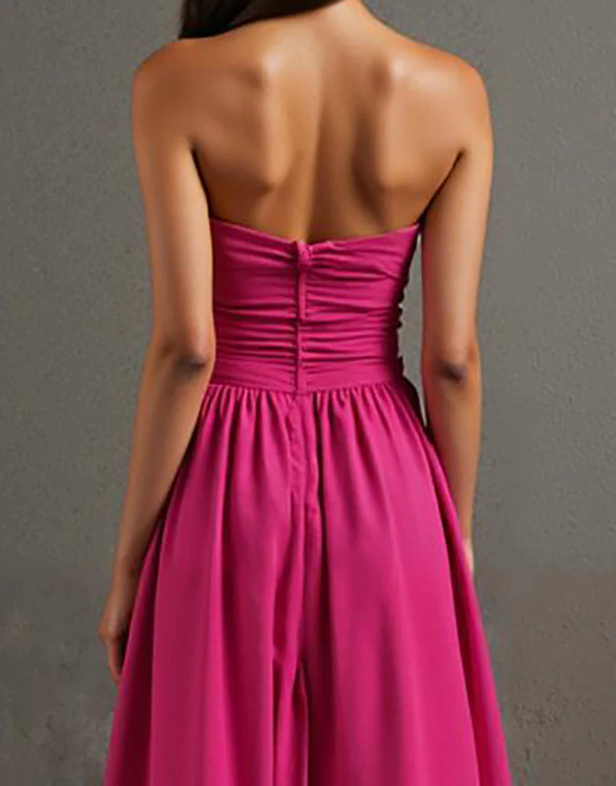 Robe de soirée bustier fuchsia A Line froncée Cottton – Image 5