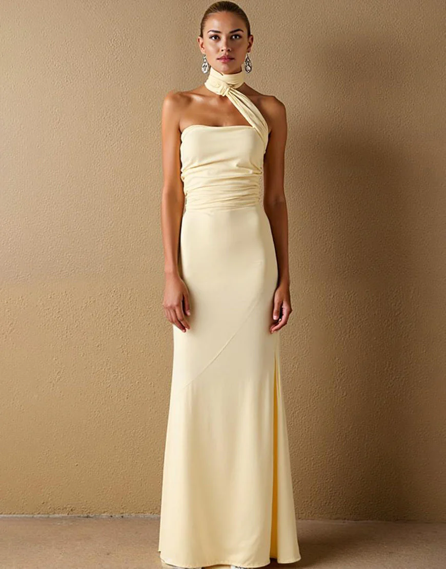 Robe de soirée longue dos nu en satin satiné jonquille – Image 2