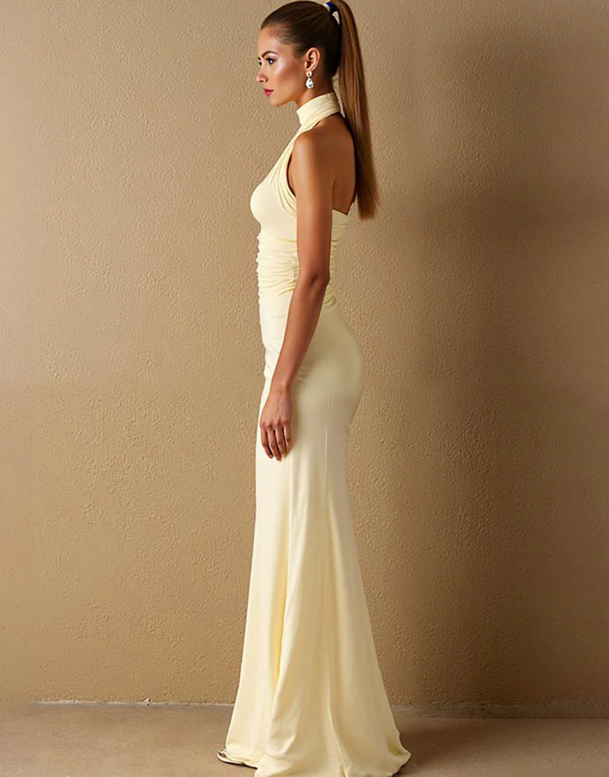 Robe de soirée longue dos nu en satin satiné jonquille – Image 3
