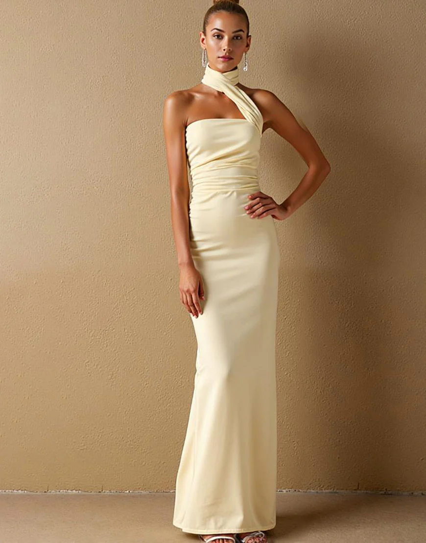 Robe de soirée longue dos nu en satin satiné jonquille – Image 4