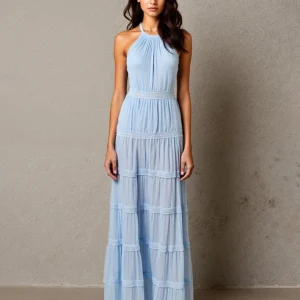 Robe de soirée froncée bleu ciel licol