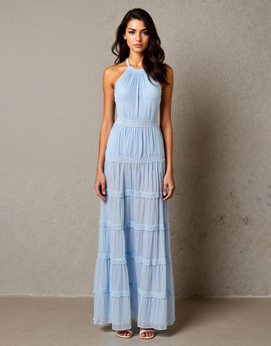 Robe de soirée froncée bleu ciel licol – Image 2