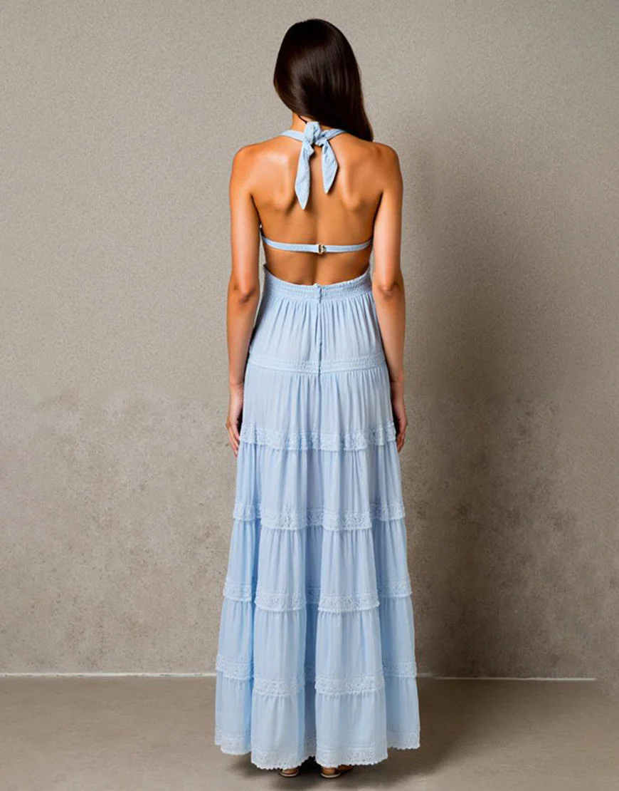 Robe de soirée froncée bleu ciel licol – Image 3