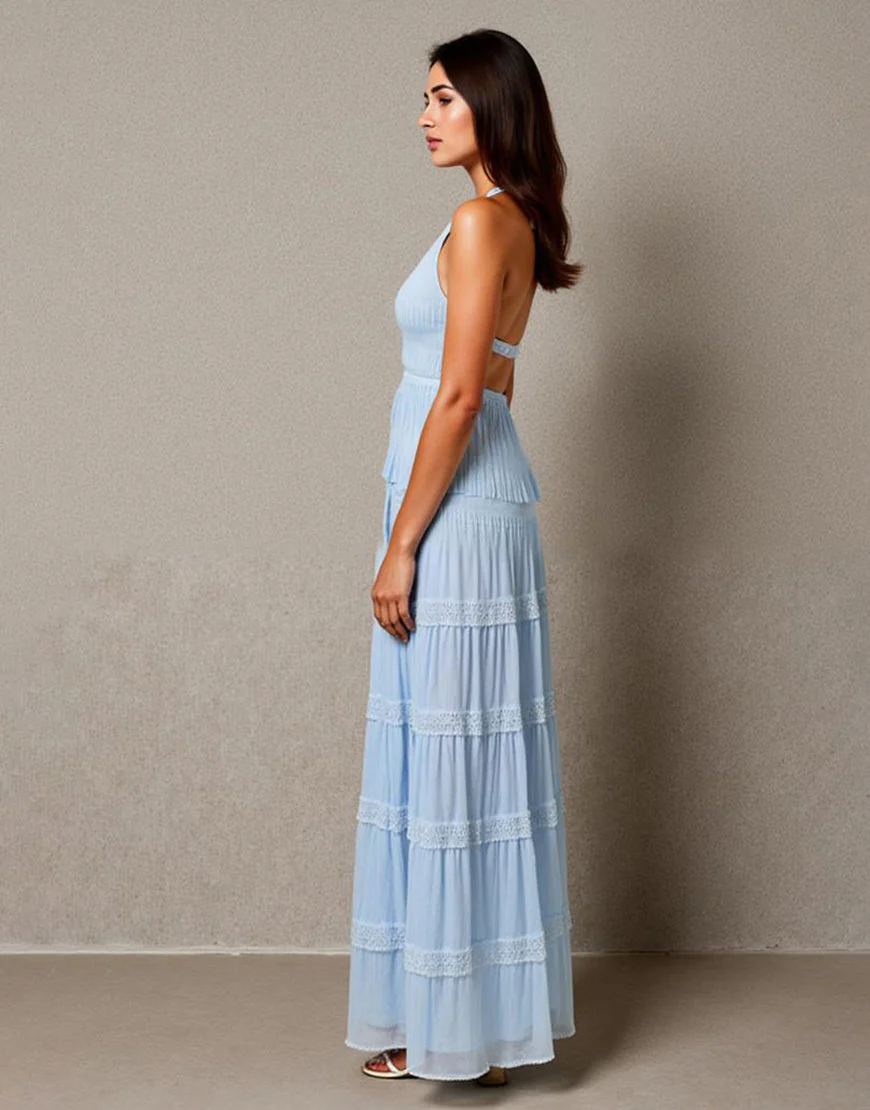 Robe de soirée froncée bleu ciel licol – Image 4