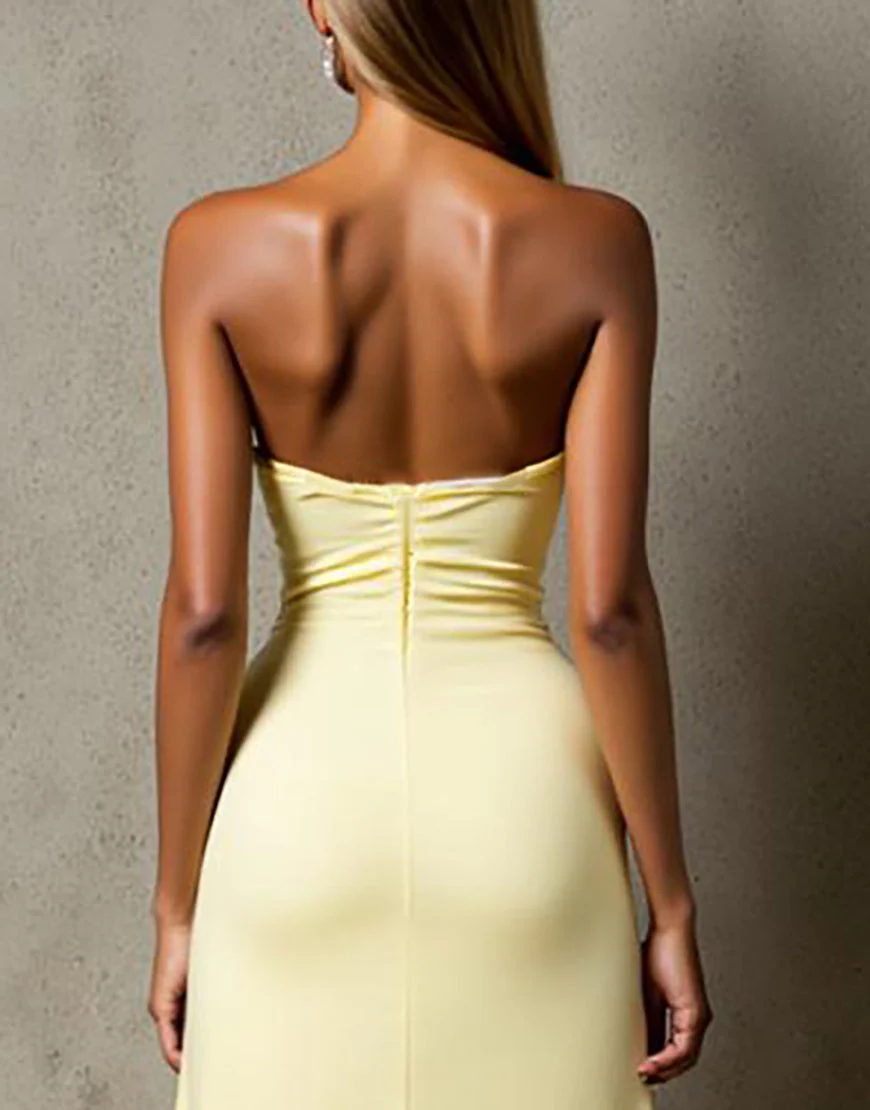 Robe de soirée sans bretelles en mousseline de soie jonquille – Image 5