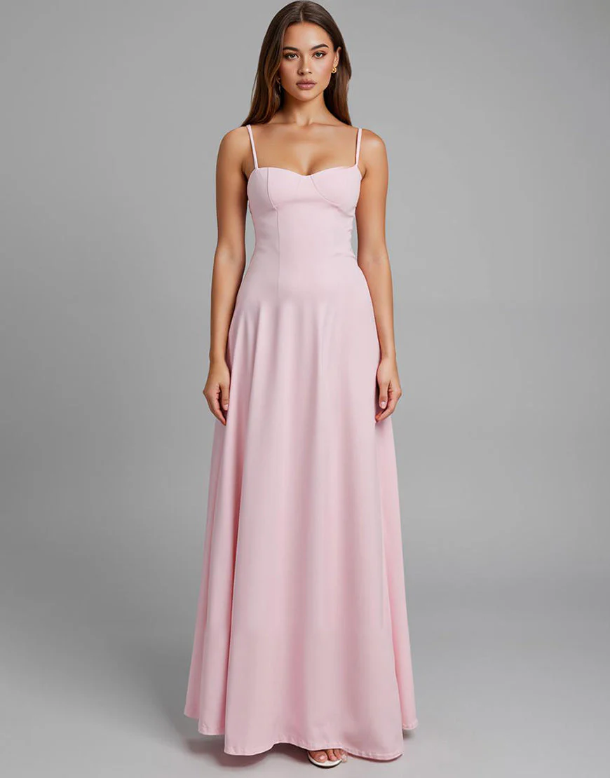 Robe de soirée longue simple rose clair à bretelles spaghetti
