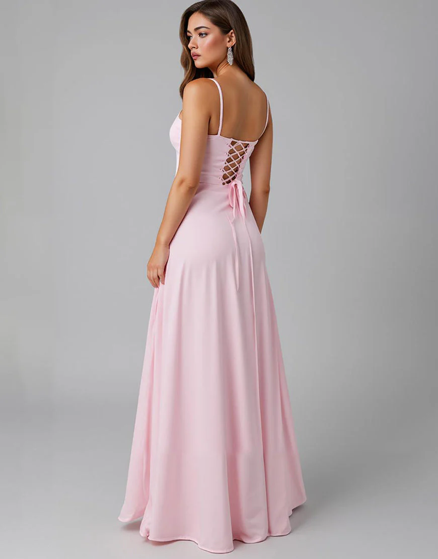 Robe de soirée longue simple rose clair à bretelles spaghetti – Image 3