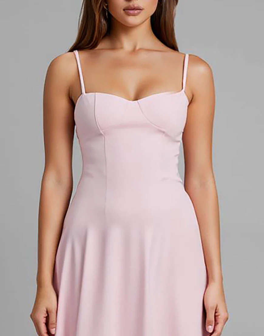 Robe de soirée longue simple rose clair à bretelles spaghetti – Image 4