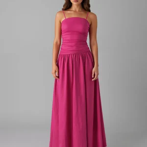 Robe de soirée en coton fuchsia à bretelles spaghetti