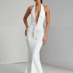 Robe de soirée longue en mousseline de soie en mousseline de soie ivoire dos nu