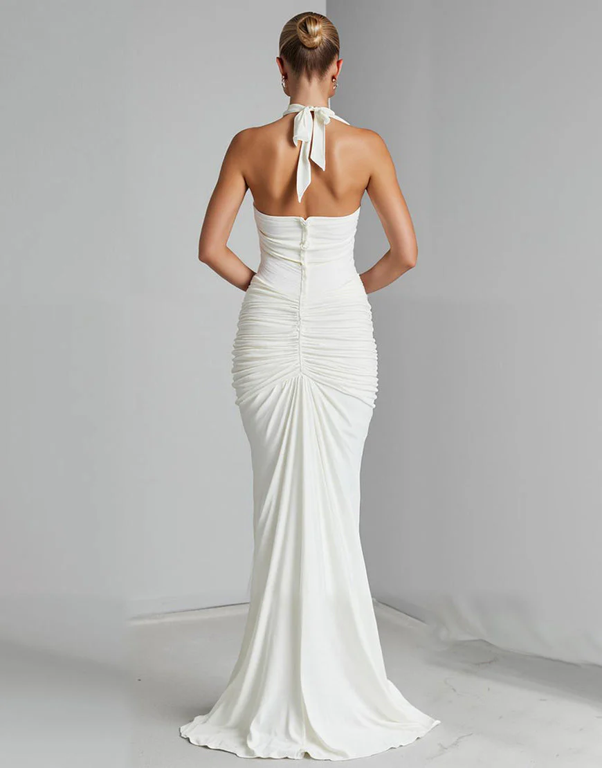 Robe de soirée longue en mousseline de soie en mousseline de soie ivoire dos nu – Image 3