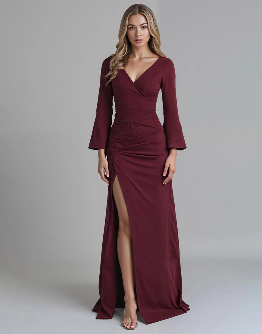Robe de soirée sirène en satin à col en V rouge foncé avec fente