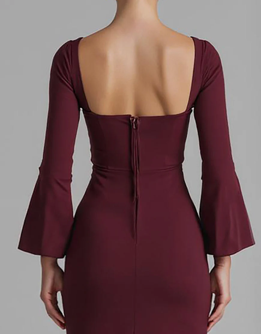 Robe de soirée sirène en satin à col en V rouge foncé avec fente – Image 5