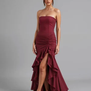 Robe de soirée sans bretelles en mousseline de soie rouge foncé Sirène High-Low