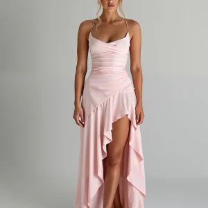 Robe de soirée en mousseline de soie rose clair à volants High-Low