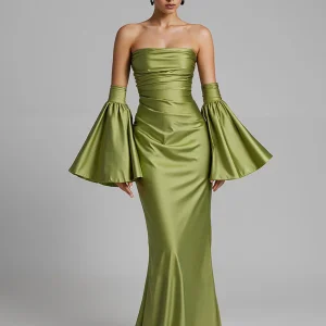 Robe de soirée sirène sans bretelles froncée à manches bouffantes turquoise