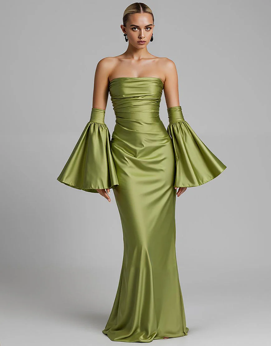 Robe de soirée sirène sans bretelles froncée à manches bouffantes turquoise – Image 2