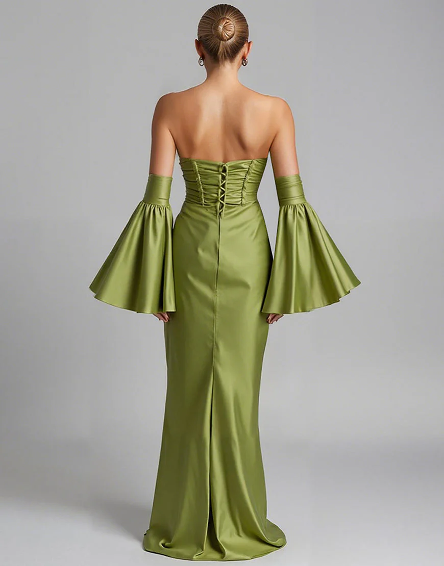 Robe de soirée sirène sans bretelles froncée à manches bouffantes turquoise – Image 3