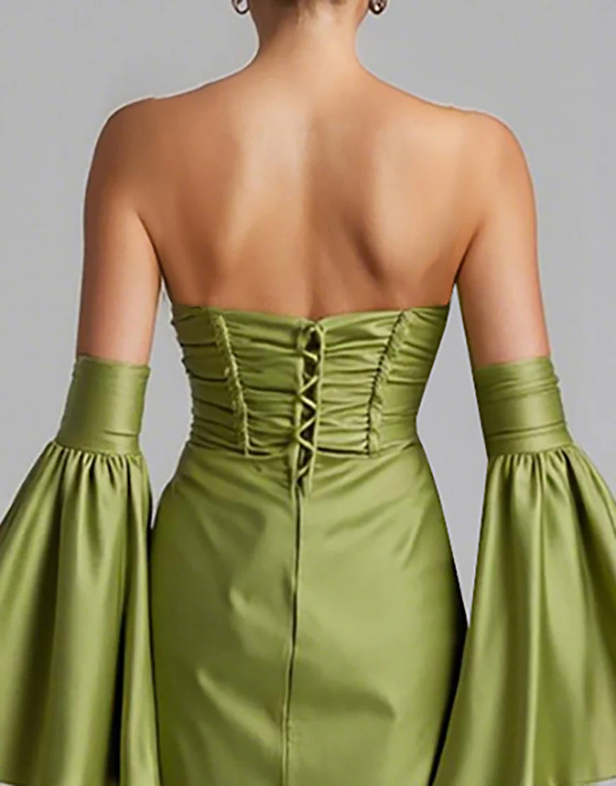 Robe de soirée sirène sans bretelles froncée à manches bouffantes turquoise – Image 5