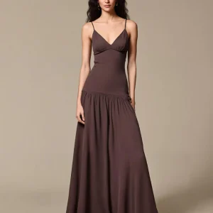 Café Mousseline De Soie Une Ligne Spaghetti Bretelles Longue Robe De Soirée