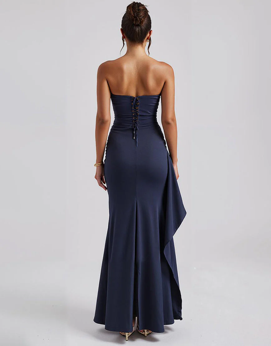 Robe de soirée simple sans bretelles bleu foncé avec fente – Image 3