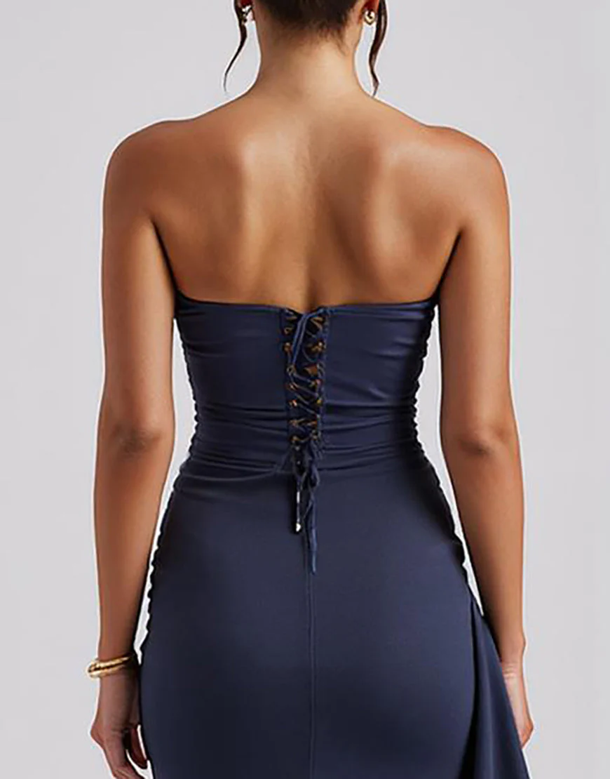 Robe de soirée simple sans bretelles bleu foncé avec fente – Image 5