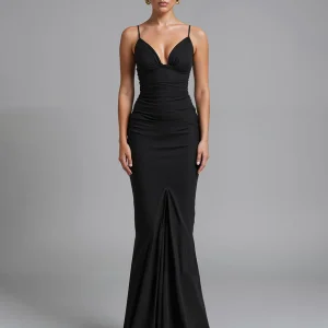 Spaghetti Straps Noir Strecth Satin Sirène Robe de soirée froncée