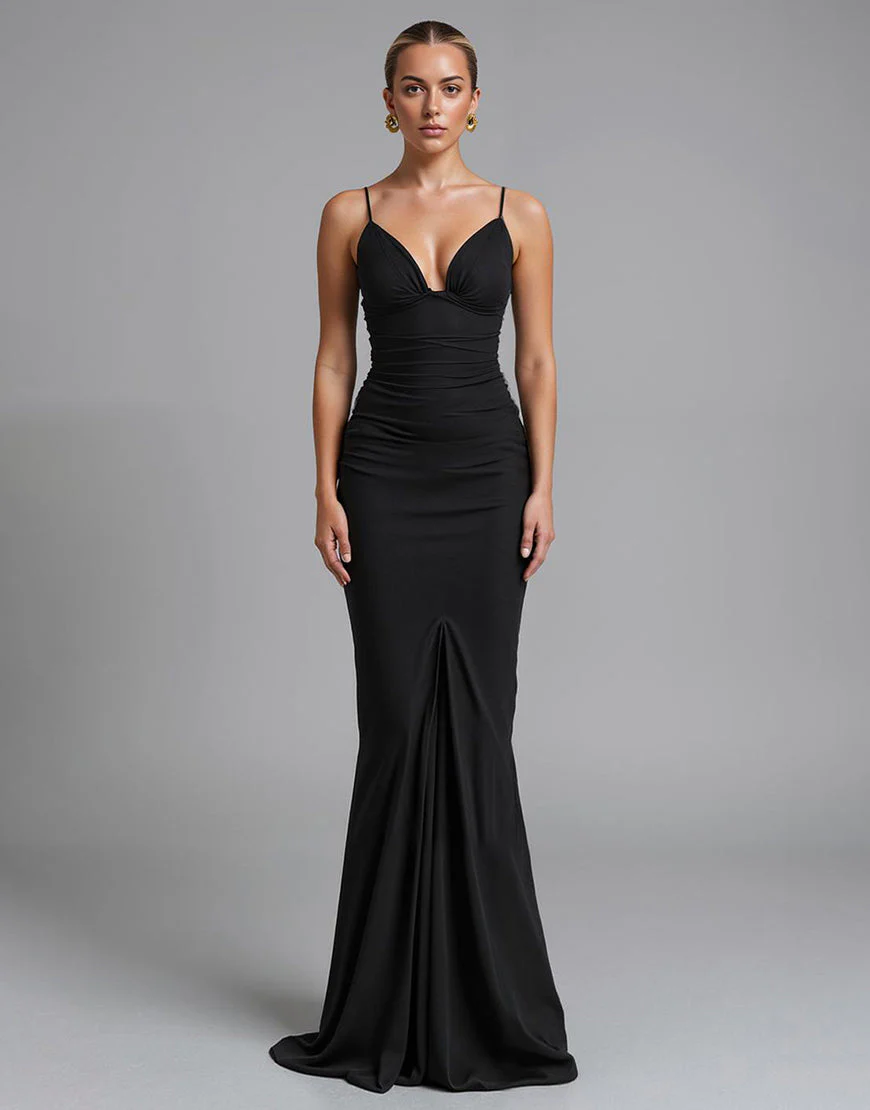 Spaghetti Straps Noir Strecth Satin Sirène Robe de soirée froncée