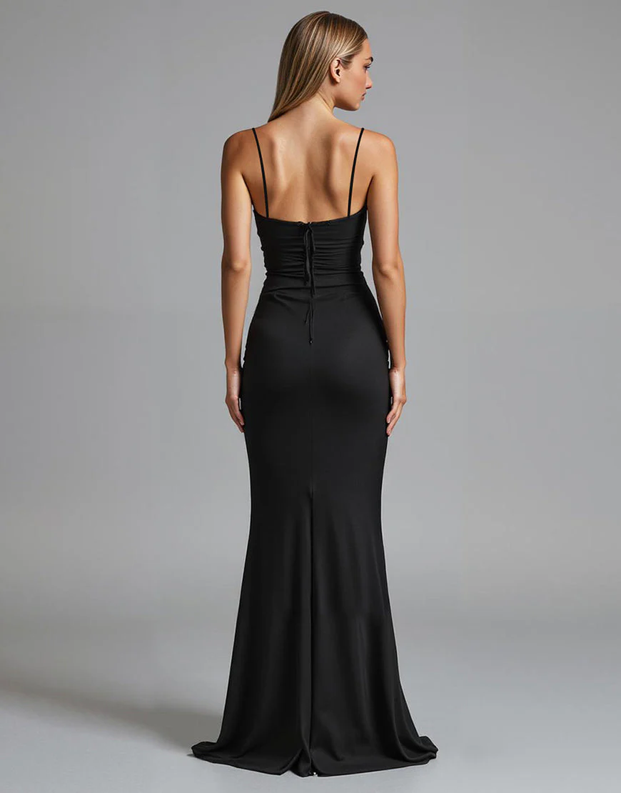 Spaghetti Straps Noir Strecth Satin Sirène Robe de soirée froncée – Image 3