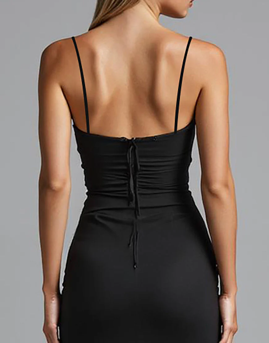 Spaghetti Straps Noir Strecth Satin Sirène Robe de soirée froncée – Image 5