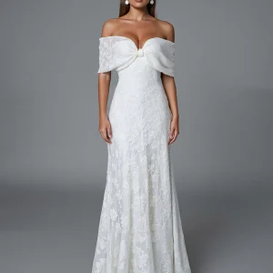 Robe de soirée sirène ivoire à épaules dénudées avec dentelle