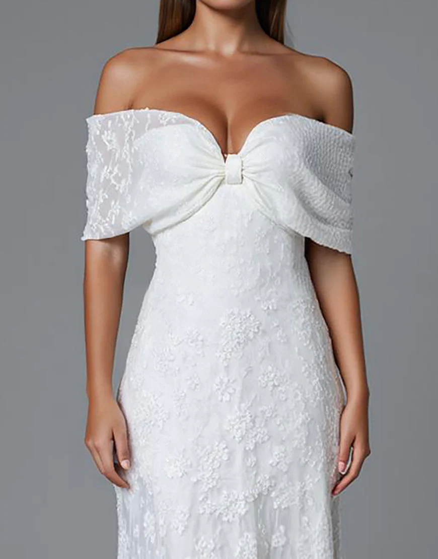 Robe de soirée sirène ivoire à épaules dénudées avec dentelle – Image 4