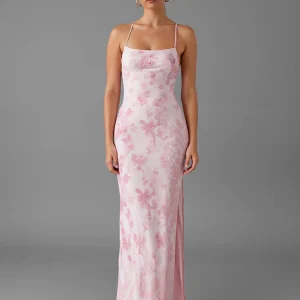 Robe de soirée imprimée fourreau rose clair avec fente