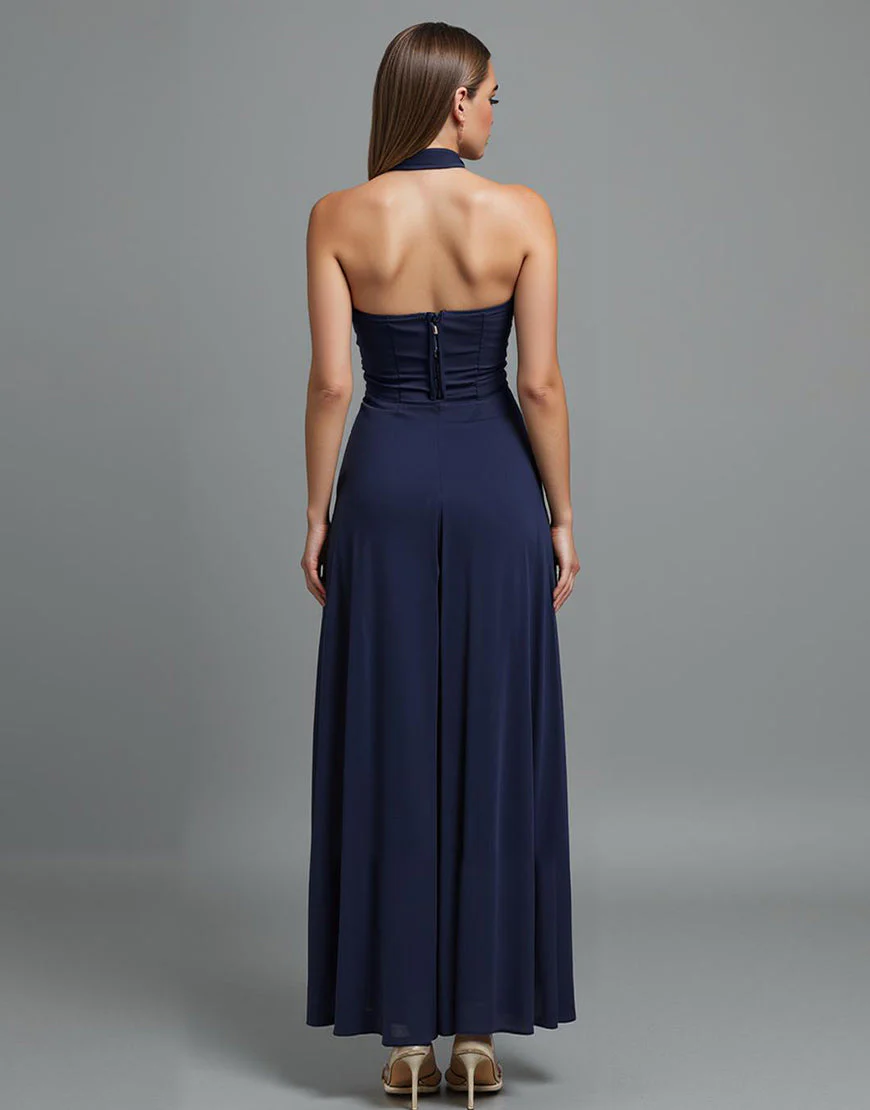 Robe de soirée bustier gaine bleu foncé avec fente – Image 3