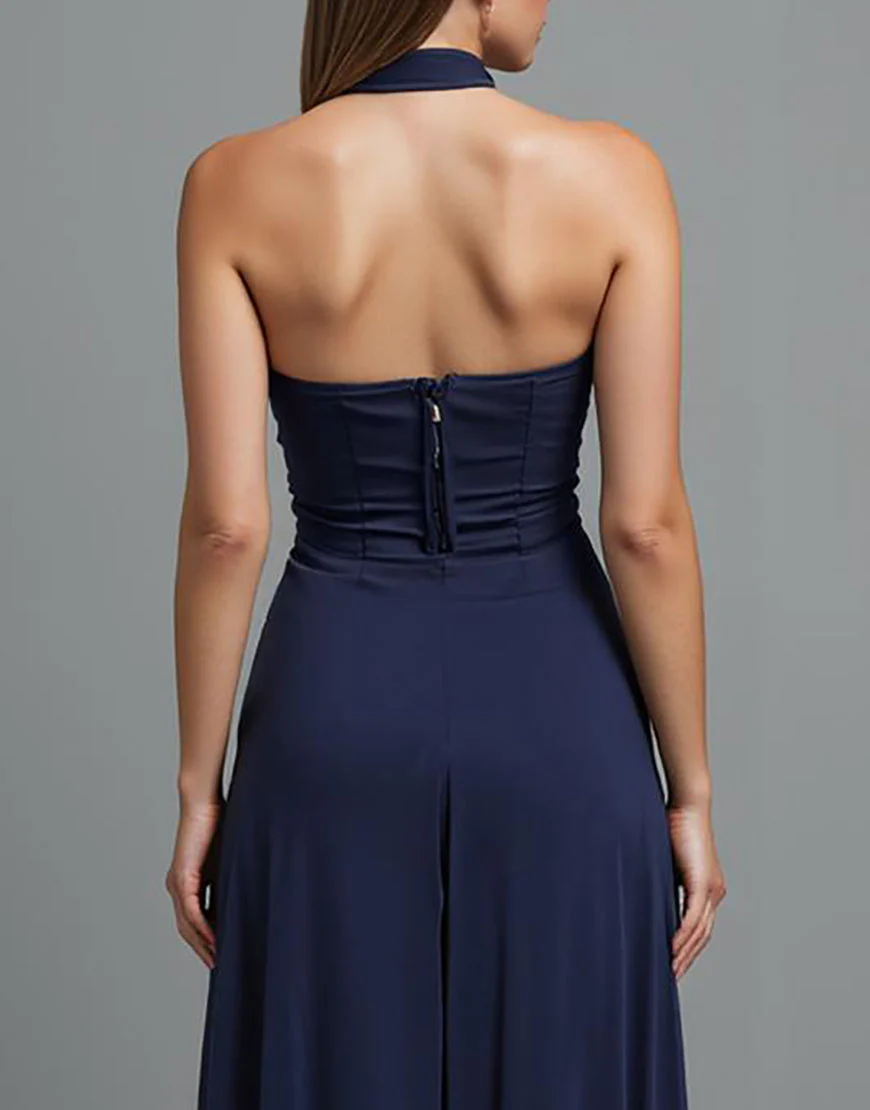 Robe de soirée bustier gaine bleu foncé avec fente – Image 5