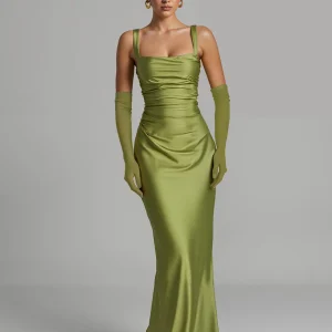 Robe de soirée en satin vert sirène sauge