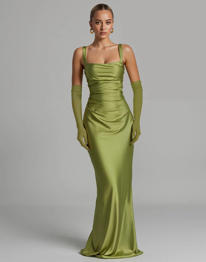 Robe de soirée en satin vert sirène sauge – Image 2
