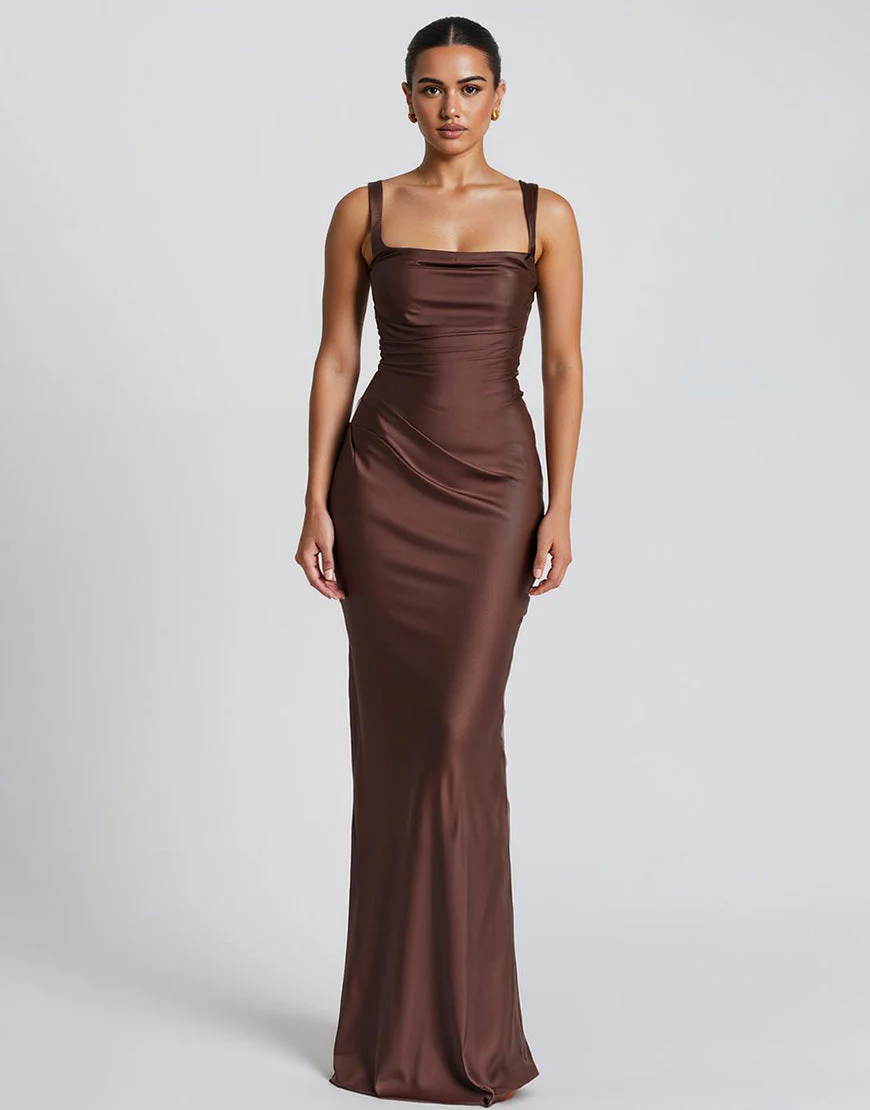 Robe de soirée longue en satin sirène café