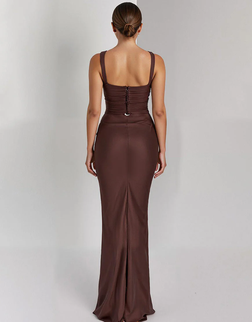 Robe de soirée longue en satin sirène café – Image 3