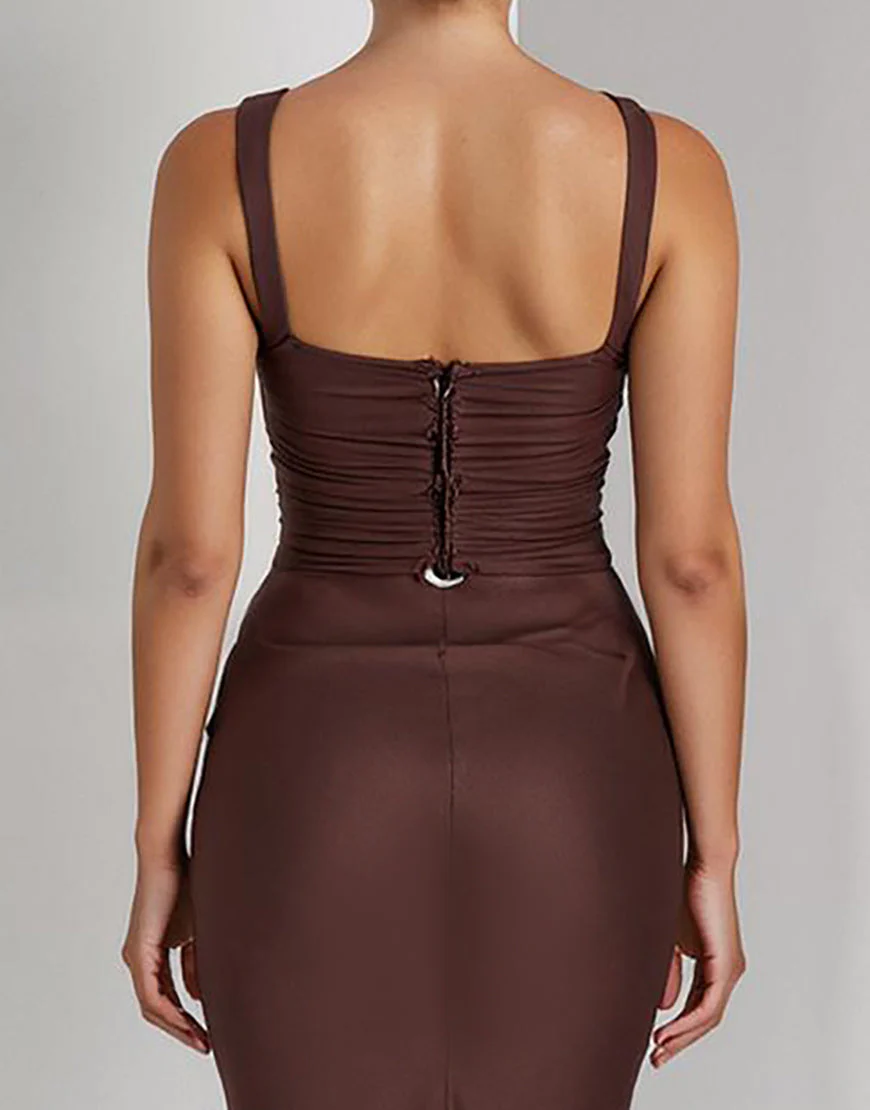 Robe de soirée longue en satin sirène café – Image 5