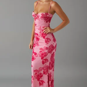 Robe de soirée rose imprimée sirène avec fente