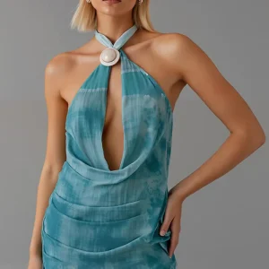 Robe de soirée courte dos nu gaine vert paon